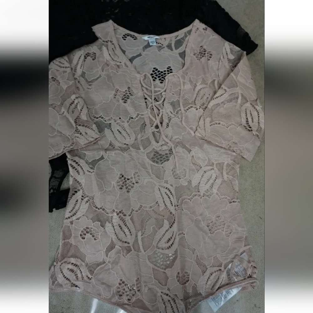 Guess Beige Lace Up Corset Rose Bodysuit Floral Short Sleeves Mesh New - Picture 6 of 9